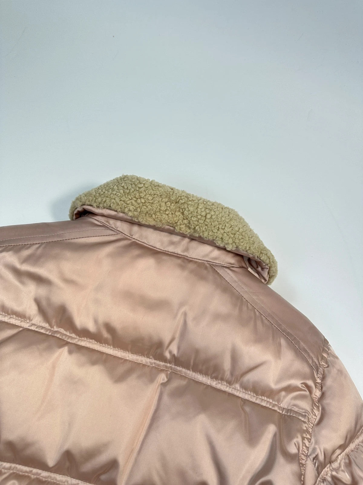 Prada Sport FW2003 Light Pink Shiny Patent Nylon Down Puffer Shearling Collar Jacket