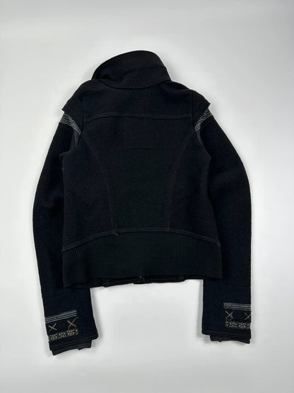 Marithé + François Girbaud 00s Black Wool Double High Neck Contrast Embroidery Jacket