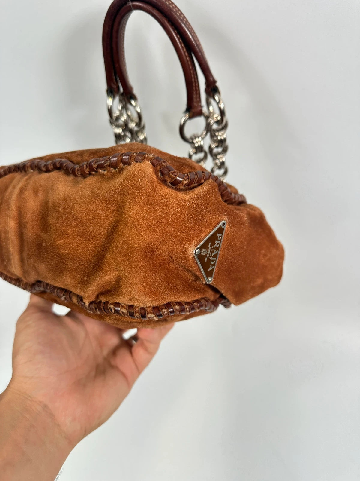 Prada Milano Brown Orange Metal Chains Straps Handbag