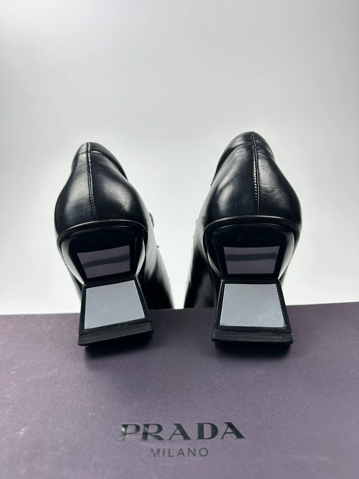 Prada Milano SS1998 Black Leather Mirror Heels Pumps Mary Jane