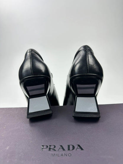Prada Milano SS1998 Black Leather Mirror Heels Pumps Mary Jane