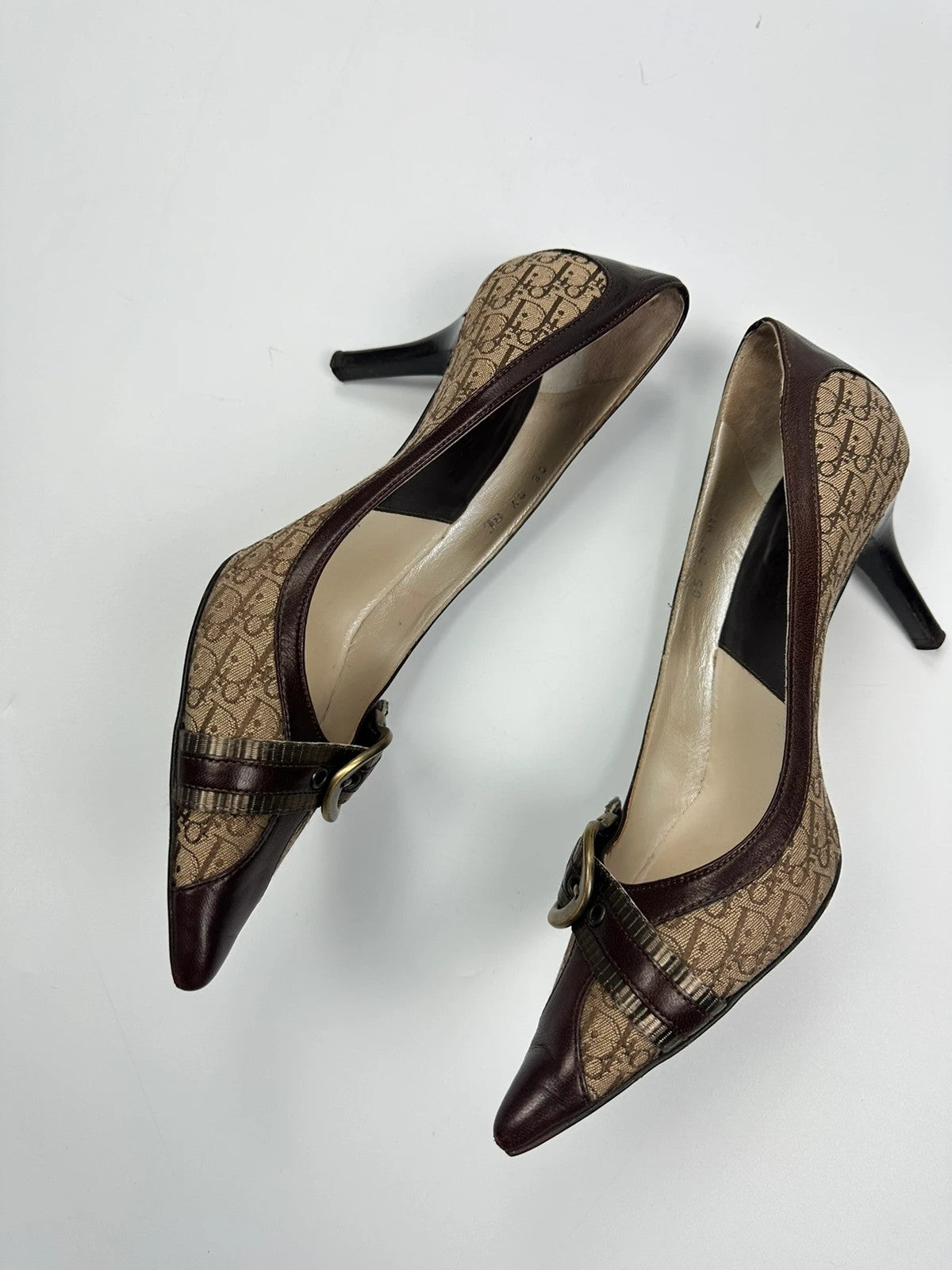 Vintage Dior Monogram Heels – Brown Leather with Gold Buckle
