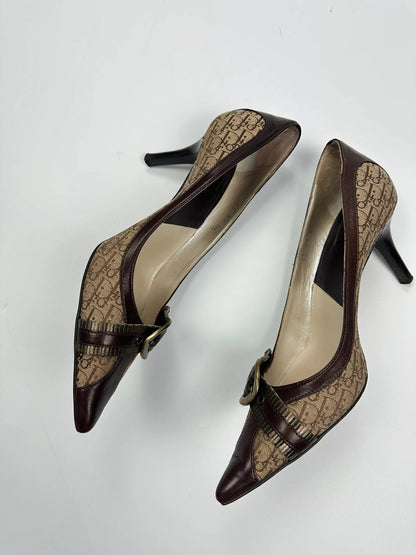 Vintage Dior Monogram Heels – Brown Leather with Gold Buckle