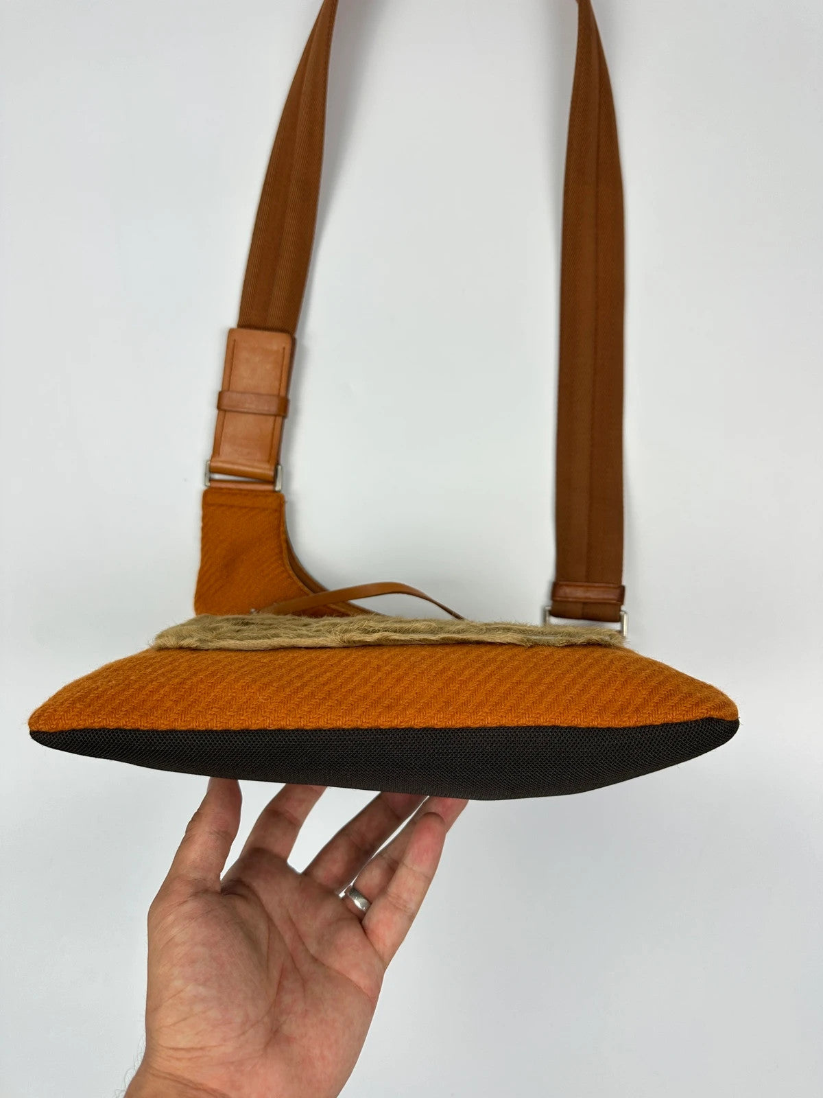 Prada Milano FW1999 Fur & Wool Sling Bag Crossbody Orange Flat