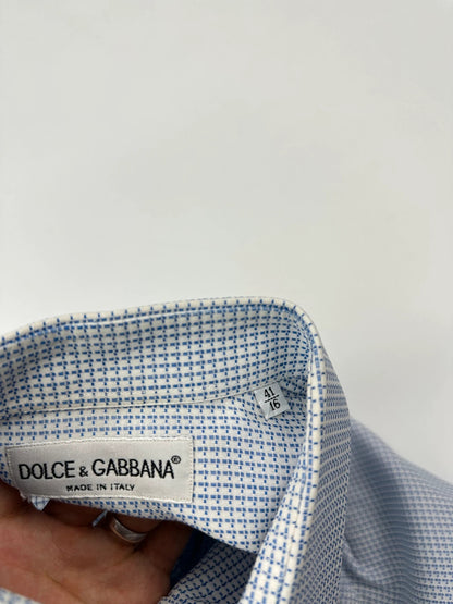 Dolce & Gabbana 00’s Micro Check Pattern White & Blue Dress Pocket Shirt