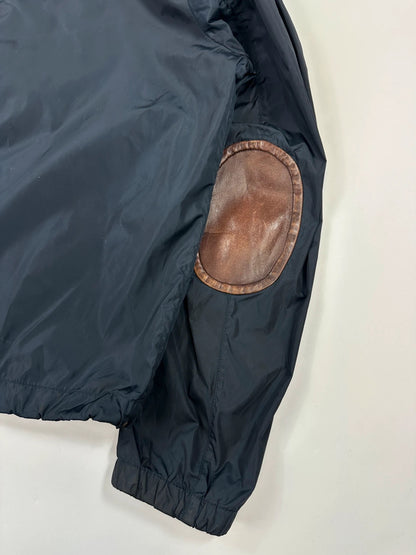 Prada Milano SS2013 Navy Blue Nylon WindBreaker Hooded Jacket Triangle Leather Elbow Patch