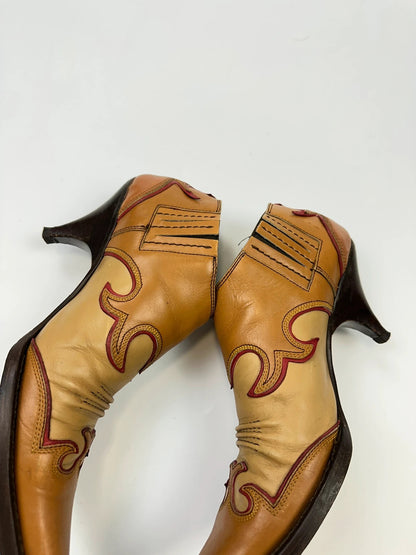 Miu Miu 00’s Cowboy Santiags Heels Ankle Boots Beige Brown Leather Pointy Toe