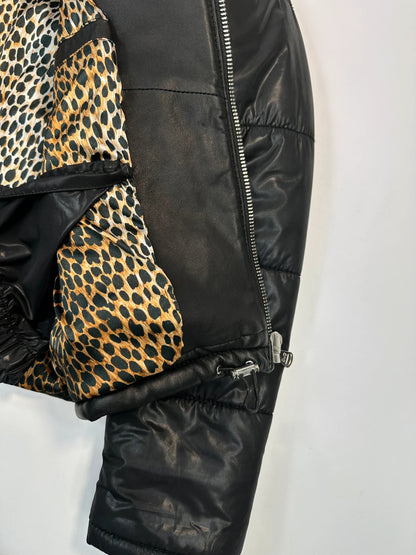 Dolce & Gabbana Black Hybrid Leather & Nylon Hooded Puffer Jacket