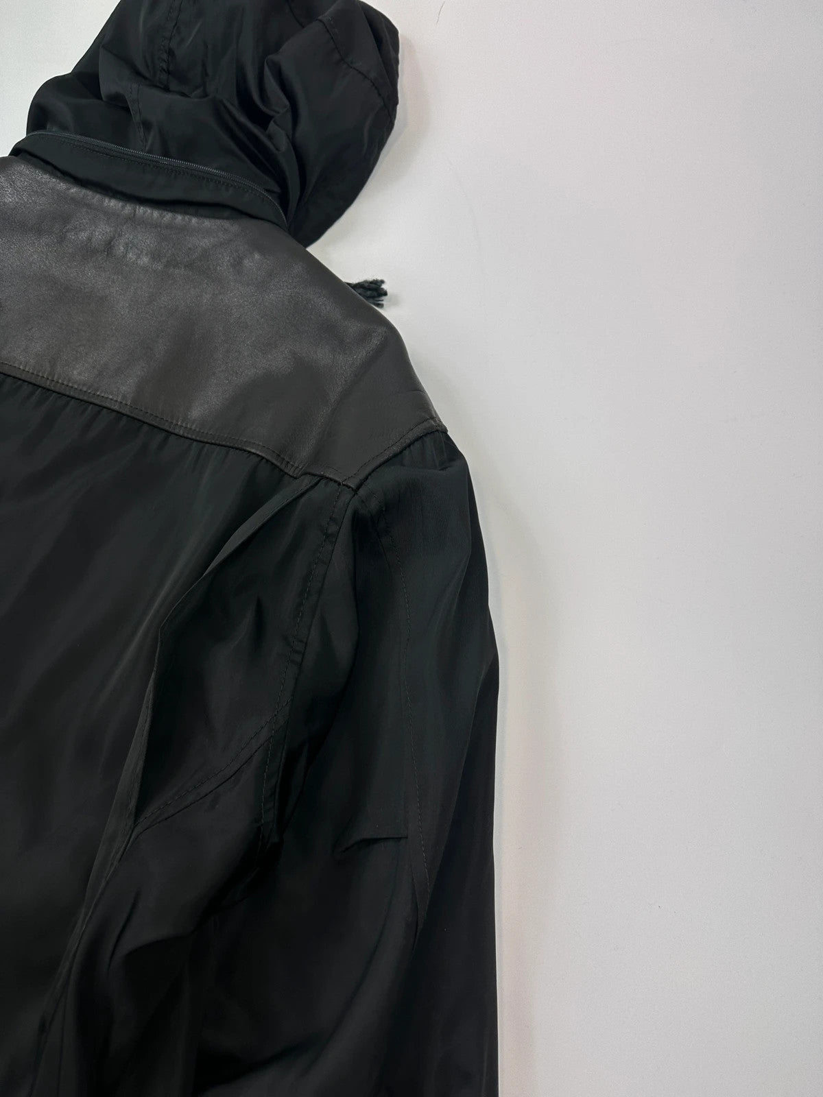 Prada Milano FW1997 Black Nylon & Leather Parka Long Coat Padded Linning