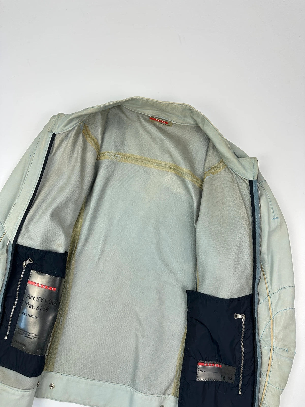 Prada Sport FW2000 Baby Blue Faded Biker Leather Jacket