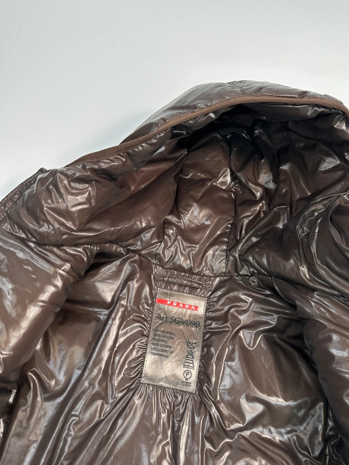 Prada Sport FW2009 Brown Shiny Patent Nylon Hooded Down Puffer Jacket