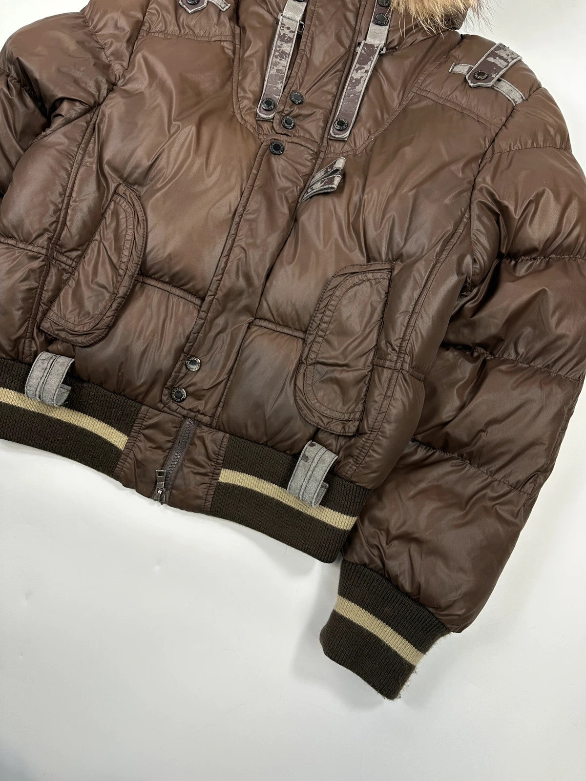 Dolce & Gabbana 00’s Brown Nylon Faux Fur Straps Bomber Hooded Puffer Jacket