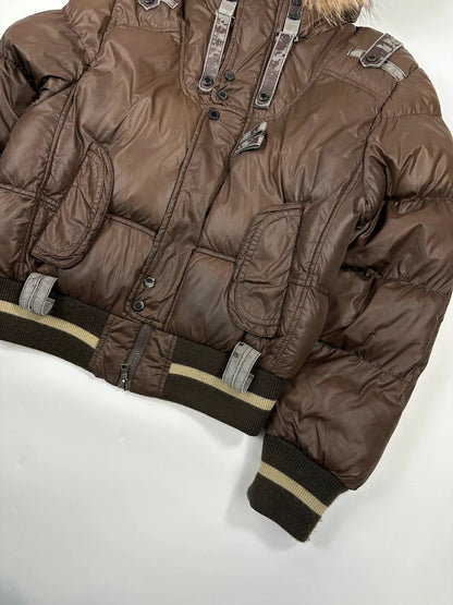 Dolce & Gabbana 00’s Brown Nylon Faux Fur Straps Bomber Hooded Puffer Jacket