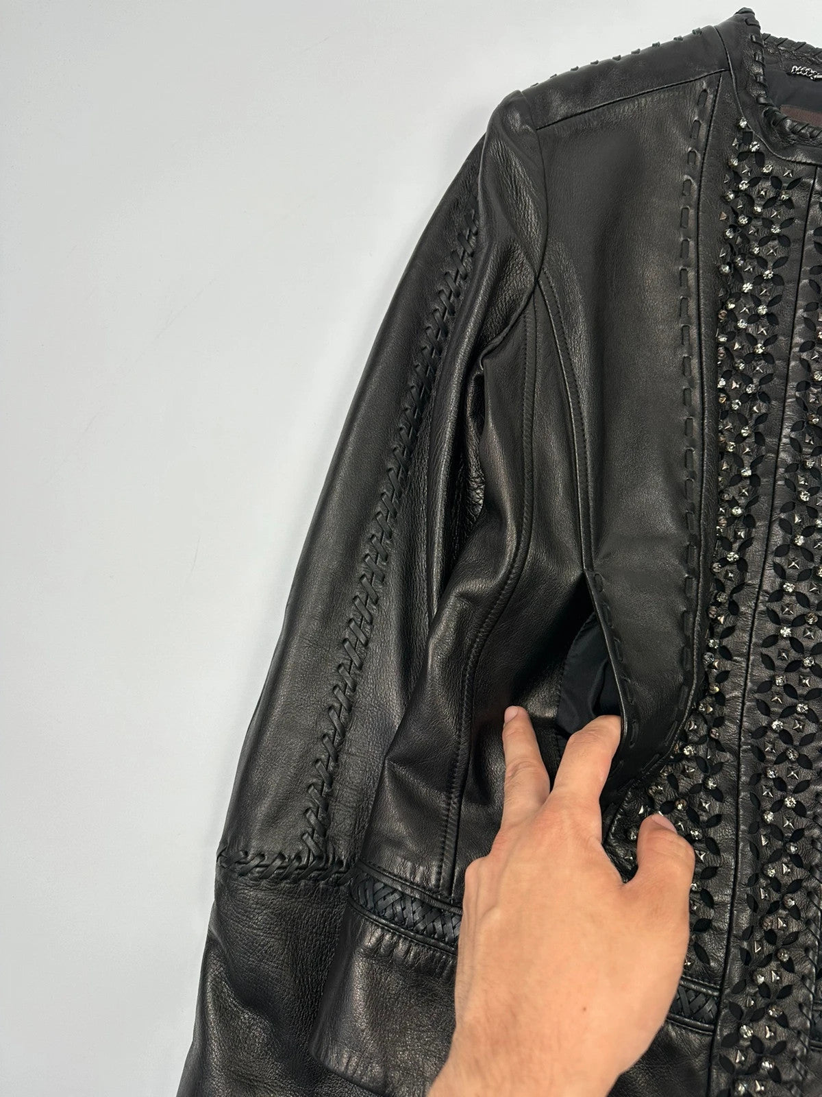 Roberto Cavalli 00’s Black Diamond Studded Leather Jacket