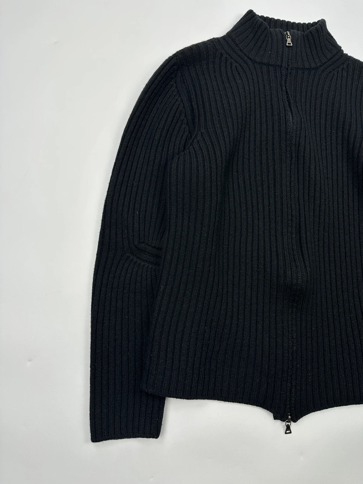 Prada Sport FW2003 Black Ribbed Wool Zip-Up Knit Sweater