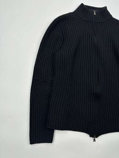 Prada Sport FW2003 Black Ribbed Wool Zip-Up Knit Sweater