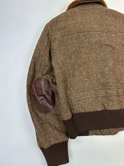 R.E.D Valentino Brown Wool Tweed Sheep Collar Bomber Jacket