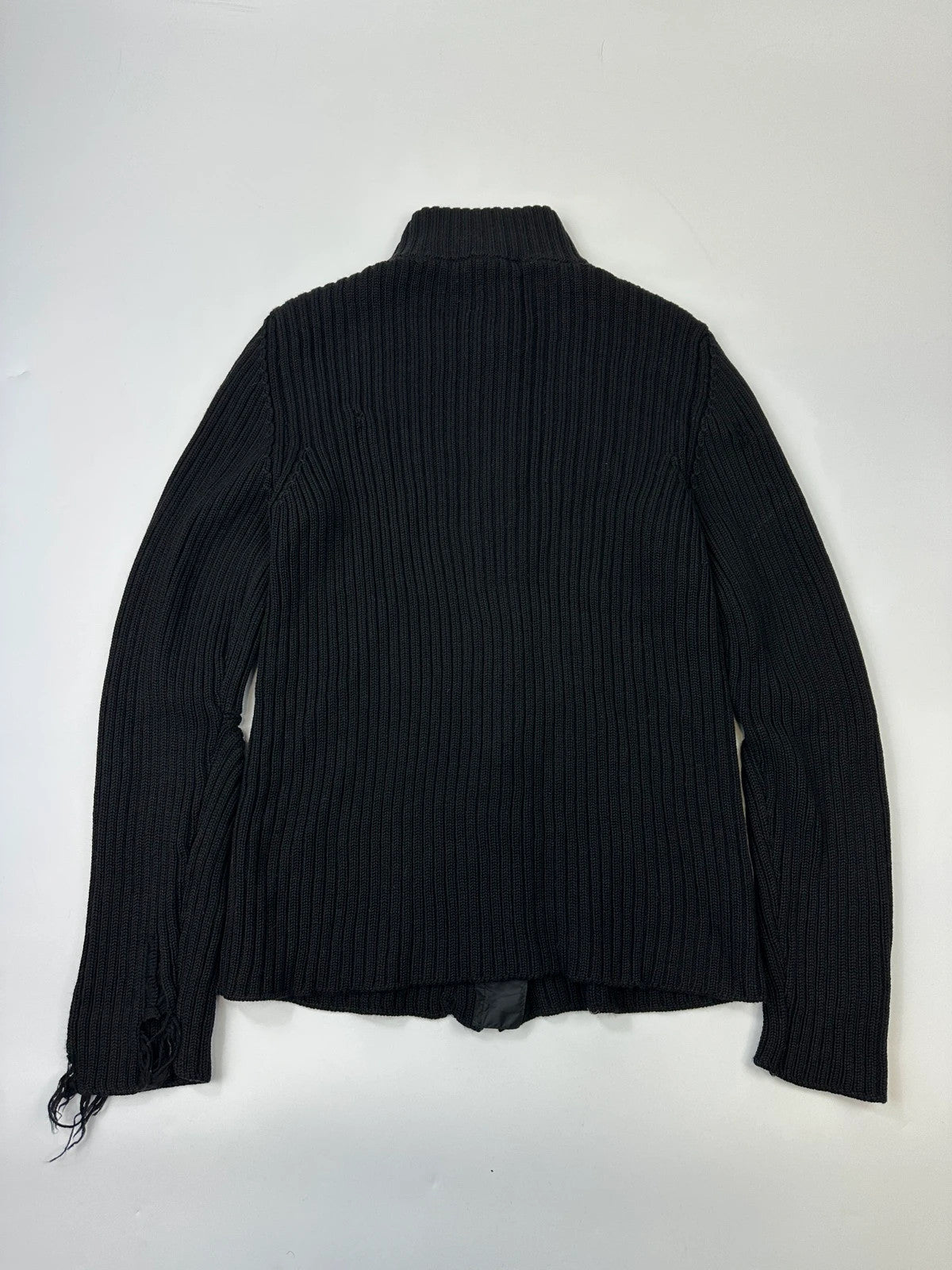 Prada Sport FW2003 Black Ribbed Wool Destroy Knit Zip-Up Sweater