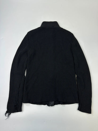 Prada Sport FW2003 Black Ribbed Wool Destroy Knit Zip-Up Sweater