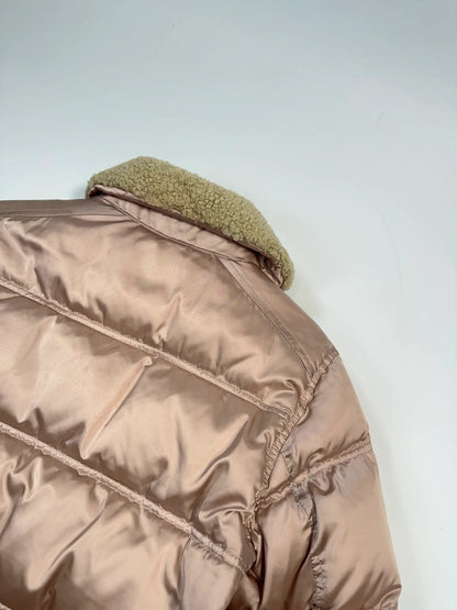 Prada Sport FW2003 Light Pink Shiny Patent Nylon Down Puffer Shearling Collar Jacket