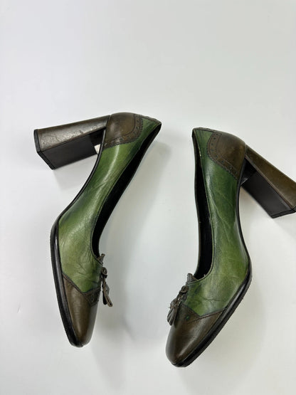 Prada Milano FW1999 Flower Two Tone Green & Brown High Block Heel Pumps