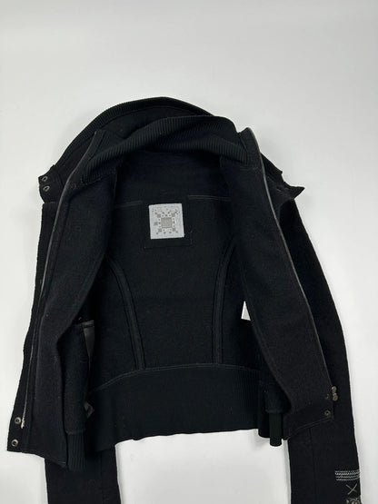 Marithé + François Girbaud 00s Black Wool Double High Neck Contrast Embroidery Jacket