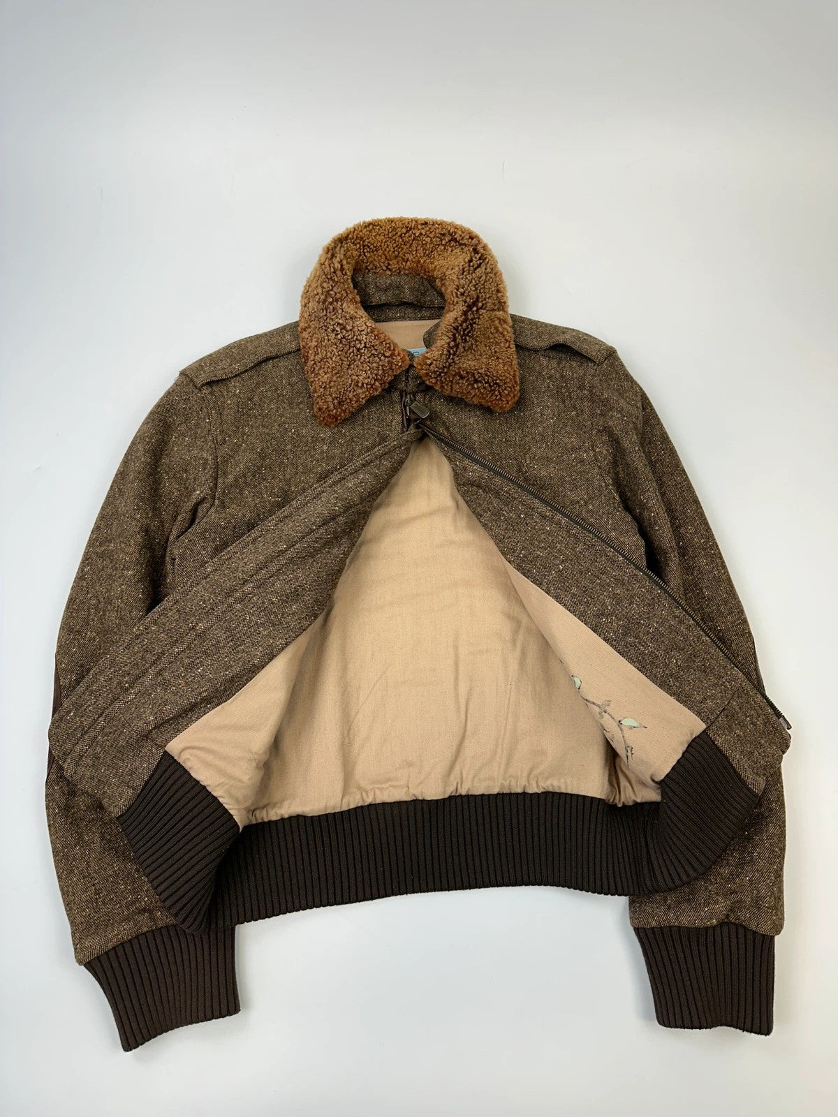 R.E.D Valentino Brown Wool Tweed Sheep Collar Bomber Jacket