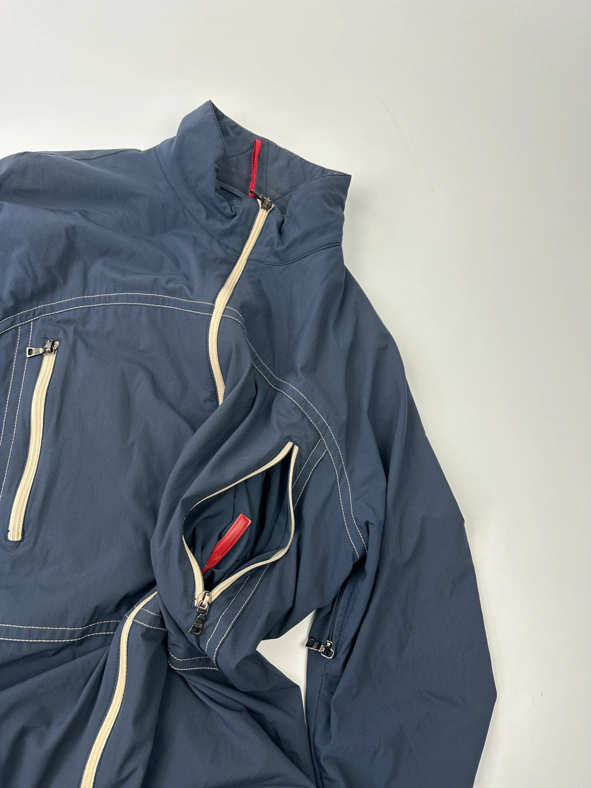 Prada Sport SS2002 Blue Track White Contrast Stich Light Packable Bag Jacket