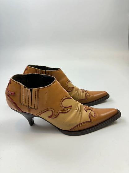 Miu Miu 00’s Cowboy Santiags Heels Ankle Boots Beige Brown Leather Pointy Toe