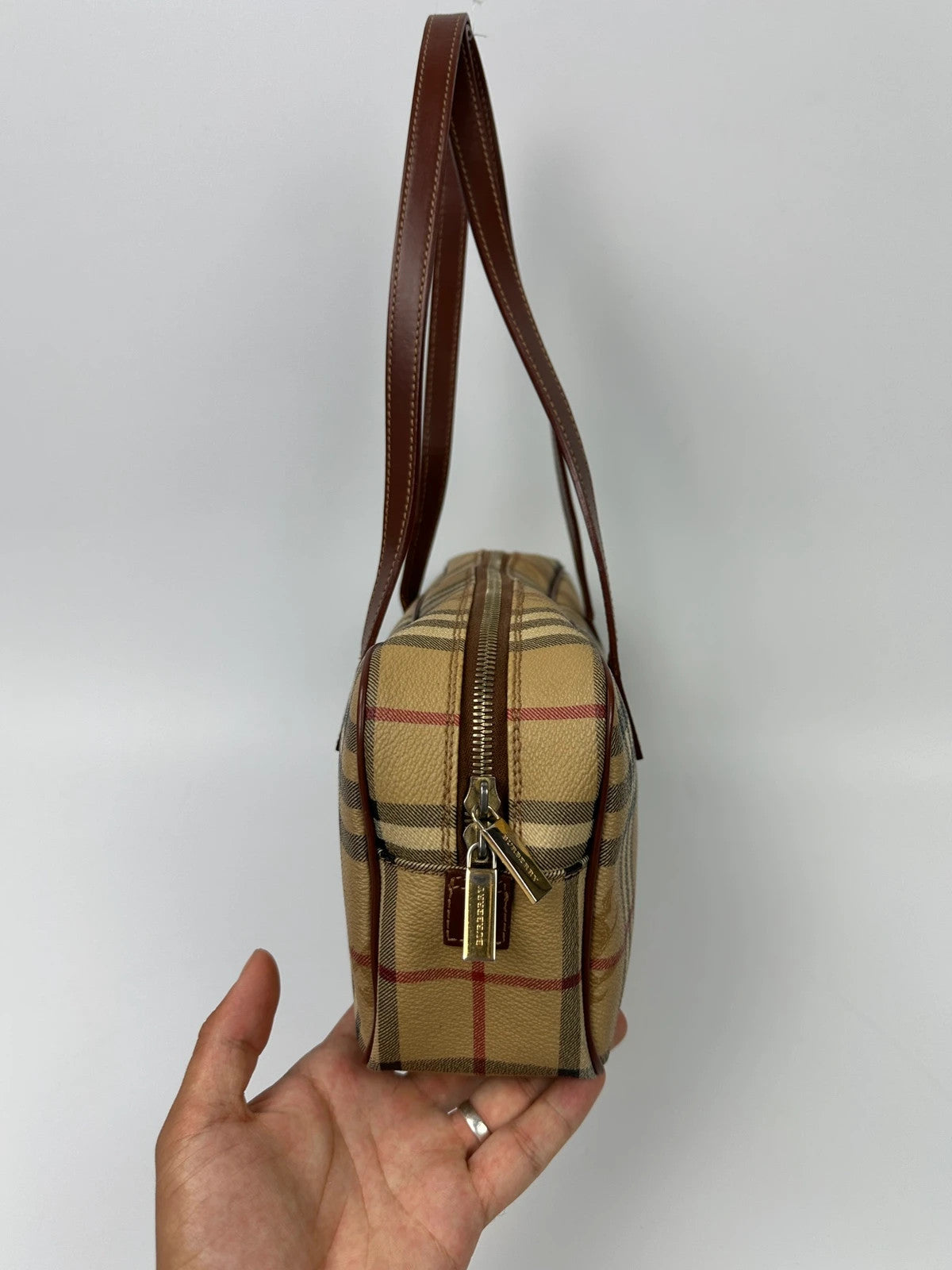 Burberry Beige Tartan Bowling Boston HandBag Shoulder