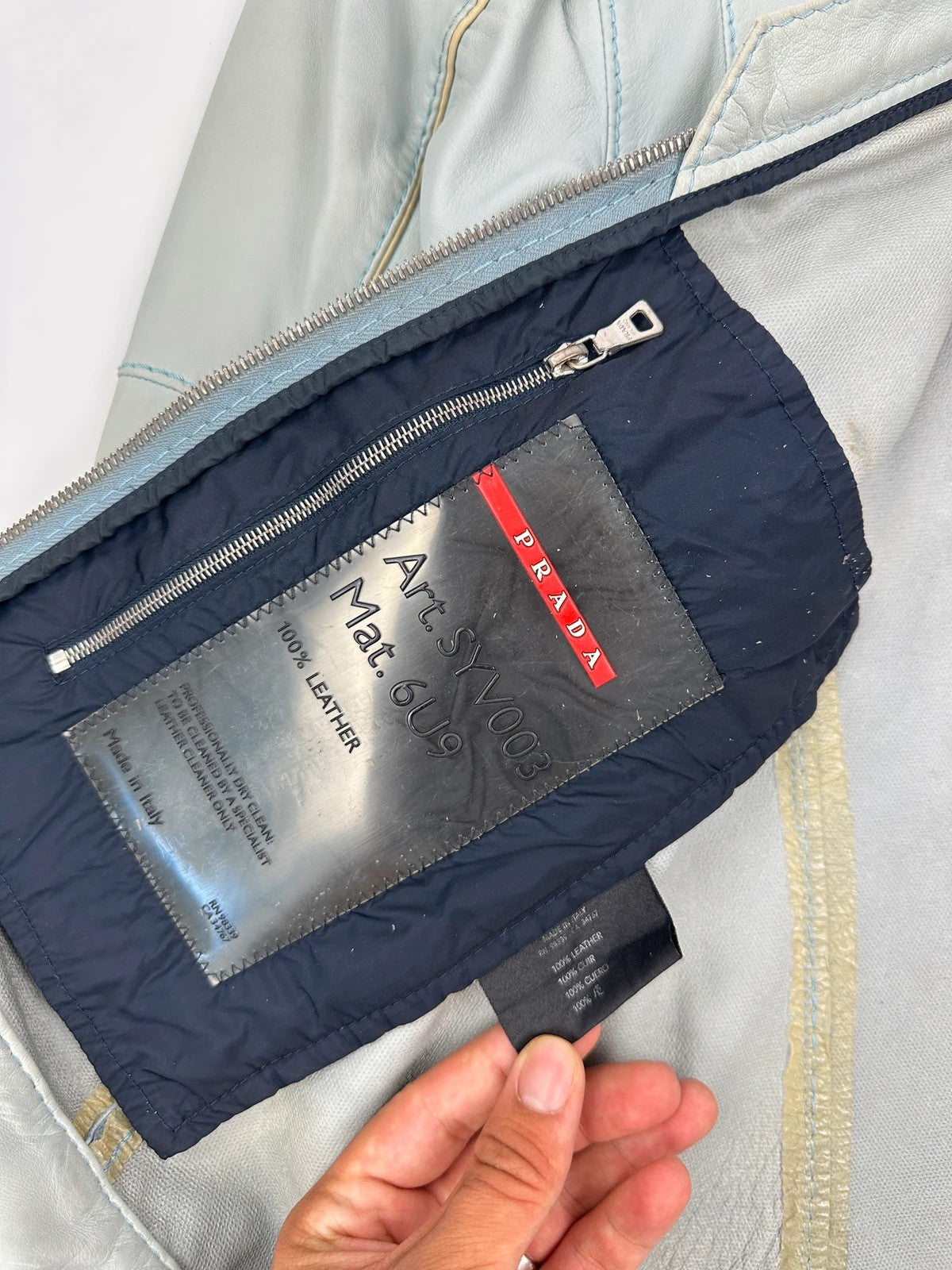 Prada Sport FW2000 Baby Blue Faded Biker Leather Jacket