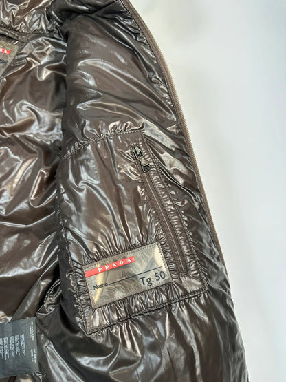 Prada Sport FW2009 Brown Shiny Patent Nylon Hooded Down Puffer Jacket
