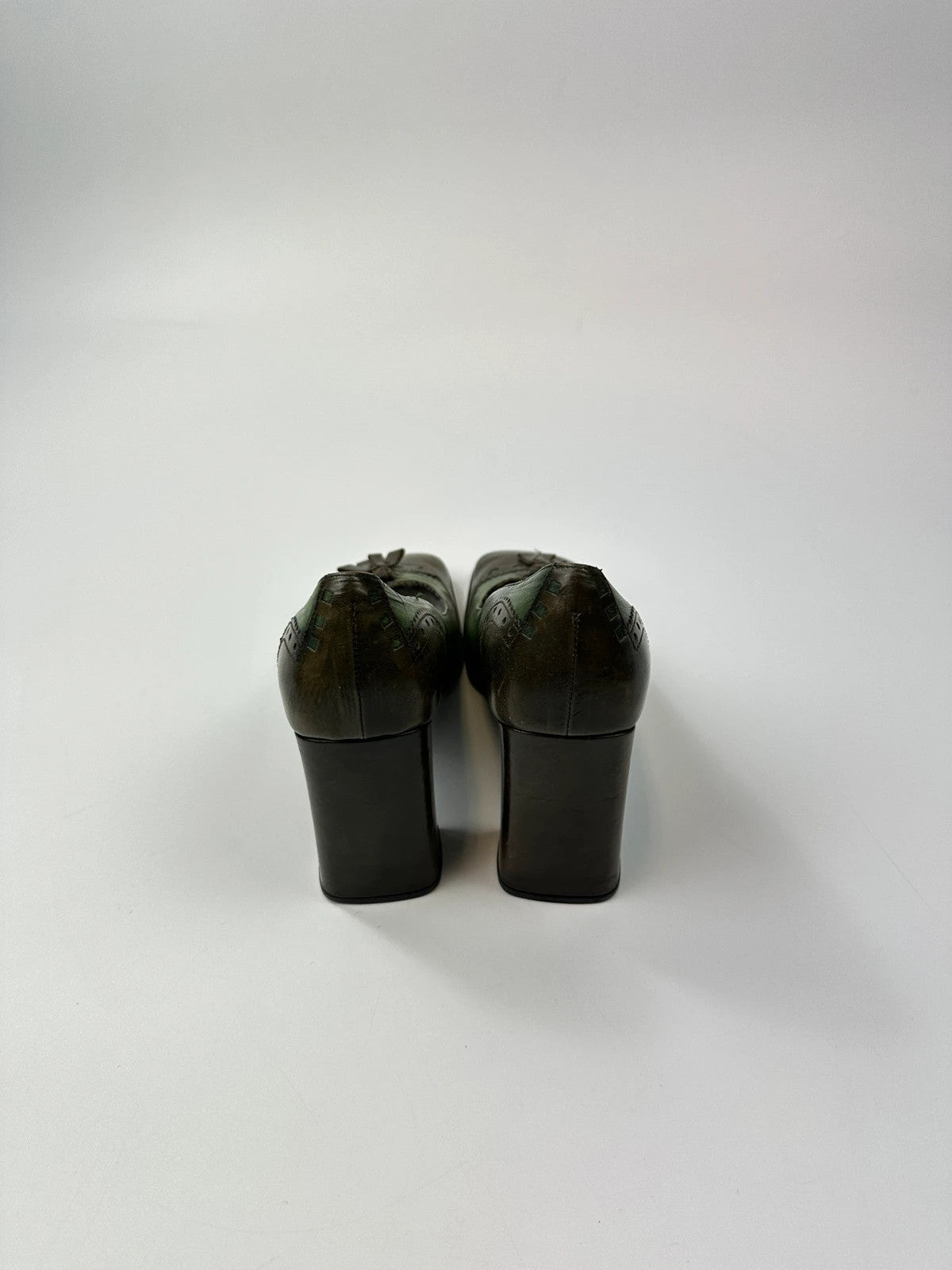 Prada Milano FW1999 Flower Two Tone Green & Brown High Block Heel Pumps