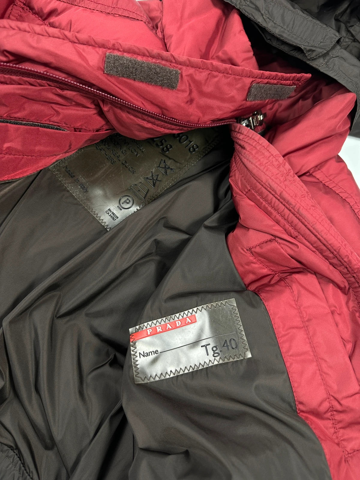 Prada Sport FW2000 Burgundy Red & Brown Hooded Puffer Down Jacket