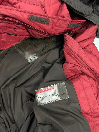 Prada Sport FW2000 Burgundy Red & Brown Hooded Puffer Down Jacket