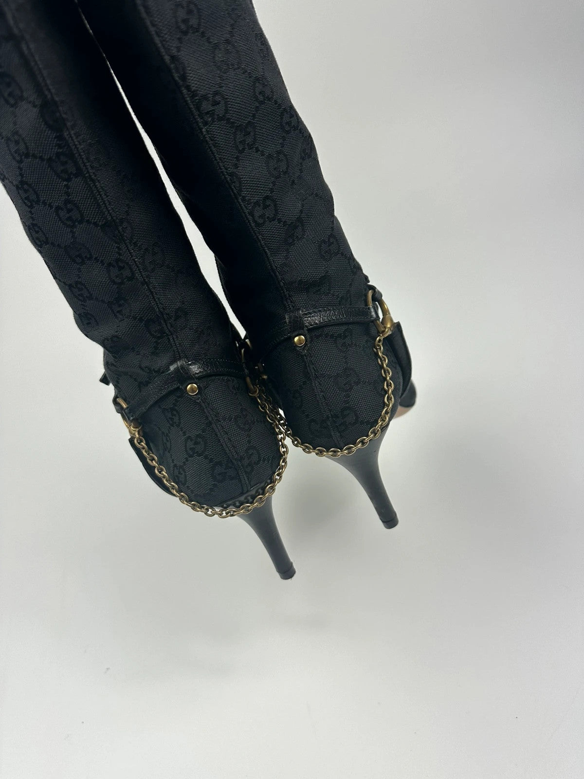 Gucci Black Monogramme High Boots Chains Gold