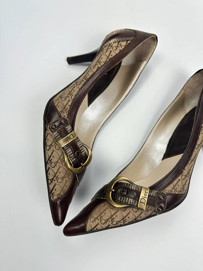 Vintage Dior Monogram Heels – Brown Leather with Gold Buckle