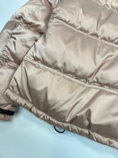 Prada Sport FW2003 Light Pink Shiny Patent Nylon Down Puffer Shearling Collar Jacket